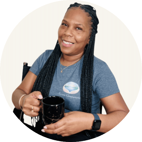 Celina, founder of Serene Companions, smiling with a mug